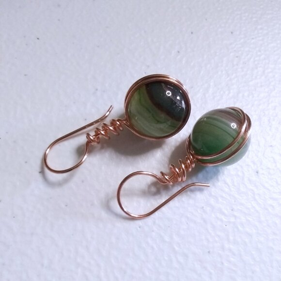One-of-a-Kind!!! Green & Brown Banded Agate Spheres ~ Copper Wrapped Earrings - Picture 9 of 13